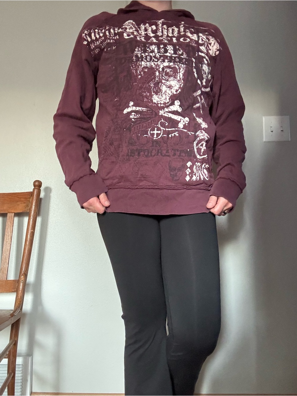 Archaic Men's Burgundy Pullover Hoodie with White Skull Graphic